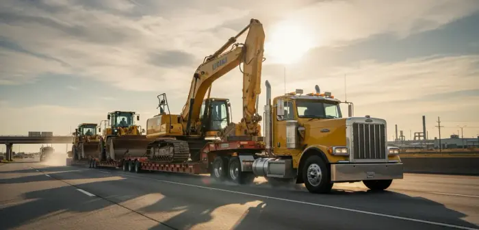 Heavy equipment transport — excavator loaded on RGN trailer for nationwide shipping